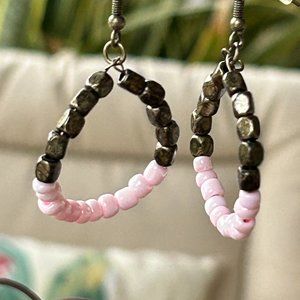 Pink Opal and Melanite hoop earrings, Handmade, 1.25 inch long